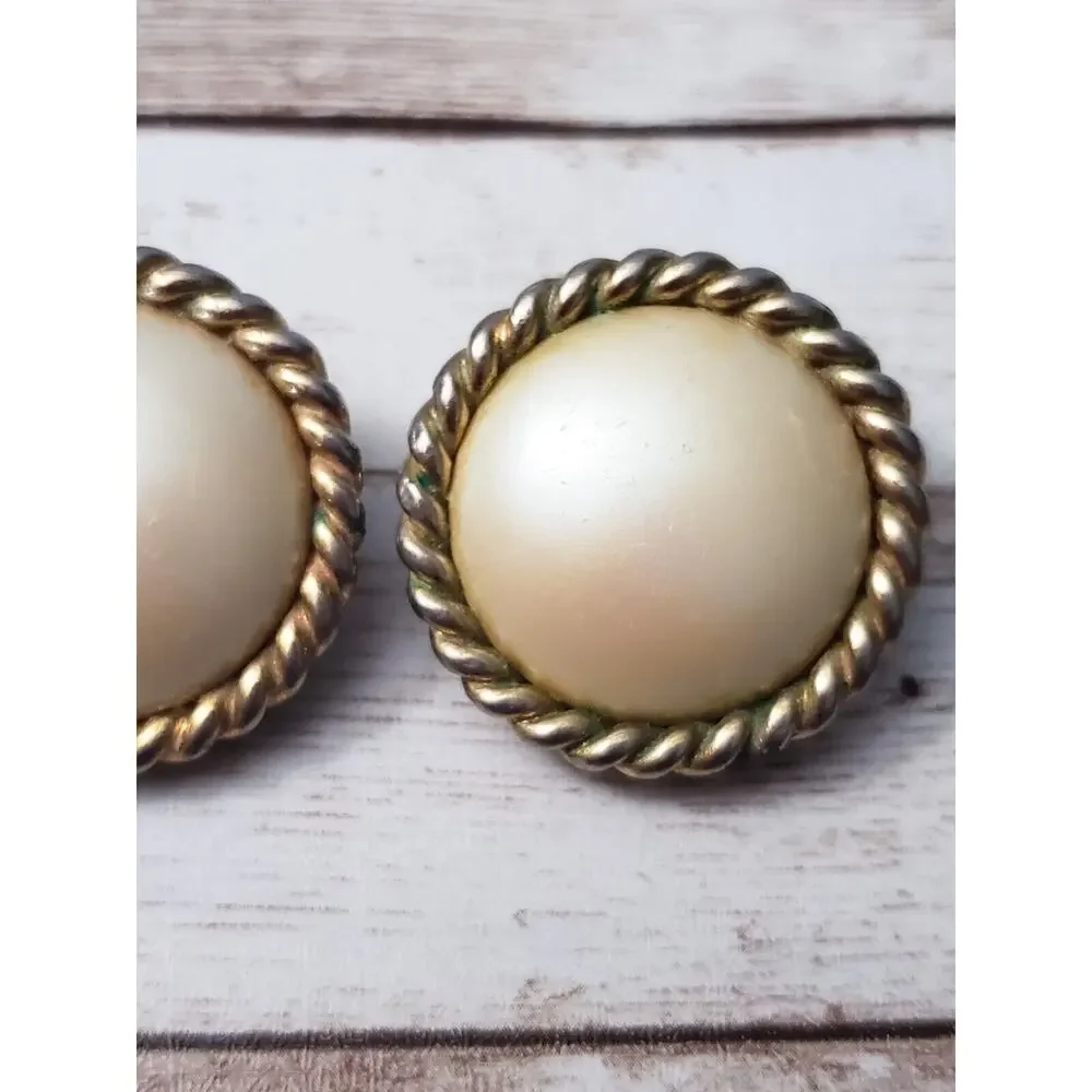 Vintage Clip On Earrings - Golden Cream Tone with Gold Tone Halo Large 1 & 1/8